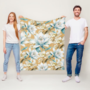 Botanical watercolor blue white gold lily floral fleece blanket