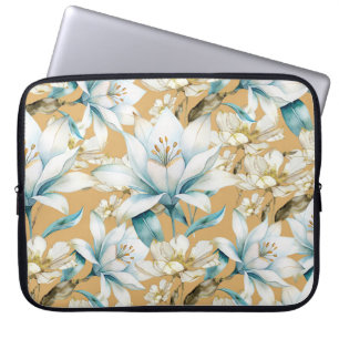 Botanical watercolor blue white gold lily floral laptop sleeve
