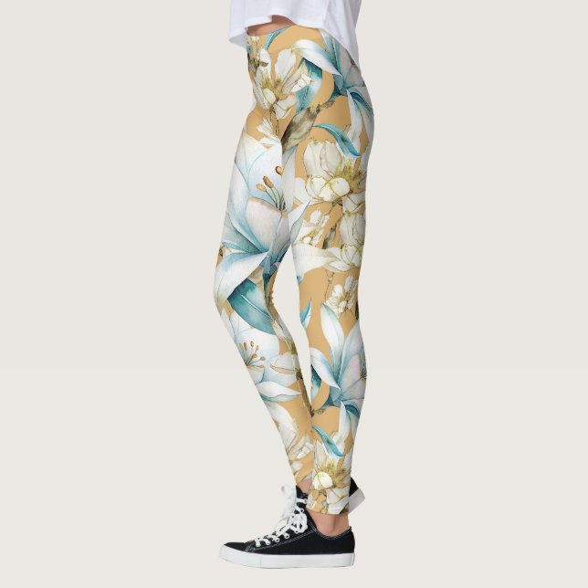 Botanical watercolor blue white gold lily floral leggings (Left)