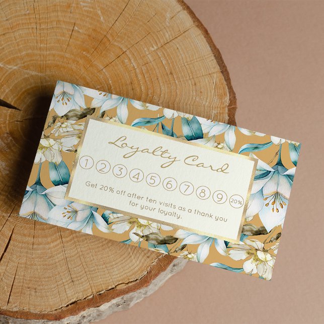 Botanical watercolor blue white gold lily floral loyalty card (Botanical watercolor blue white gold lily floral loyalty card)