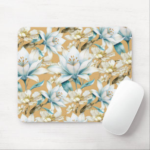 Botanical watercolor blue white gold lily floral mouse mat