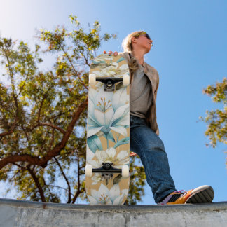 Botanical watercolor blue white gold lily floral skateboard
