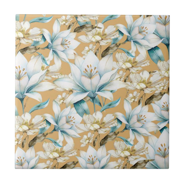 Botanical watercolor blue white gold lily floral tile (Front)