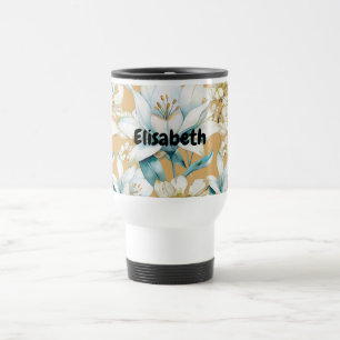 Botanical watercolor blue white gold lily floral travel mug