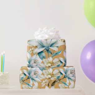 Botanical watercolor blue white gold lily floral wrapping paper