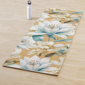 Botanical watercolor blue white gold lily floral yoga mat