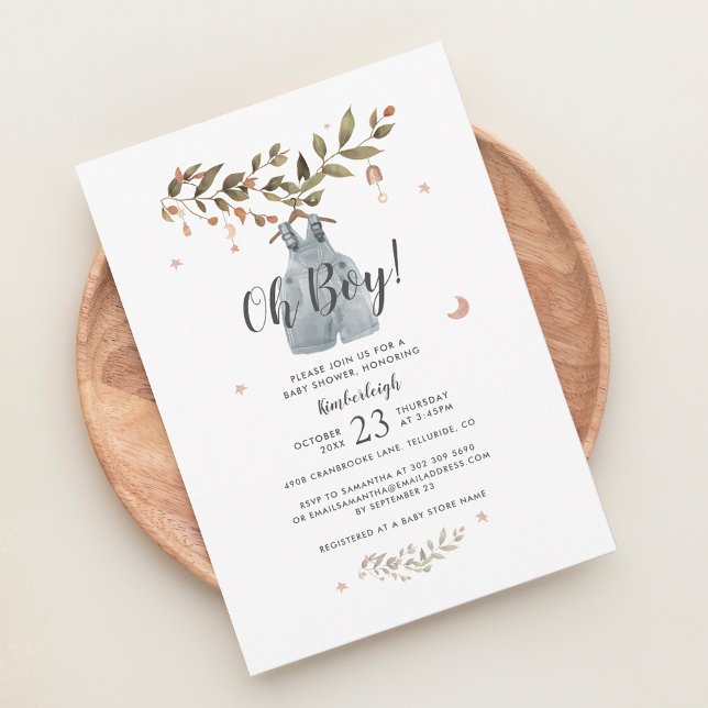 Botanical Watercolor Boho Boy Baby Shower Invitation (Oh Boy Boho Baby Shower Invitation)