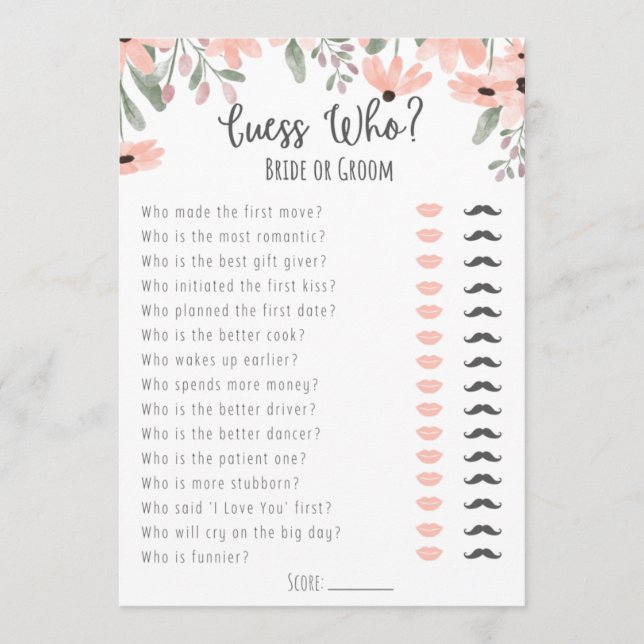 Botanical Watercolor Bridal Shower Guess Who Game Programme (Front)