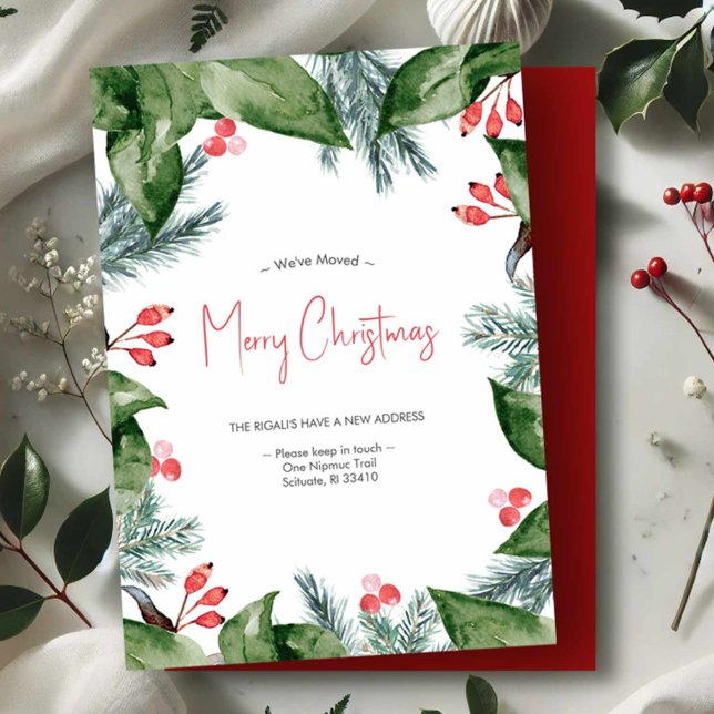 Botanical Watercolor Christmas Cards Moving (New address moving announcements Christmas botanical art by Victoria Grigaliunas of Do Tell A Belle)