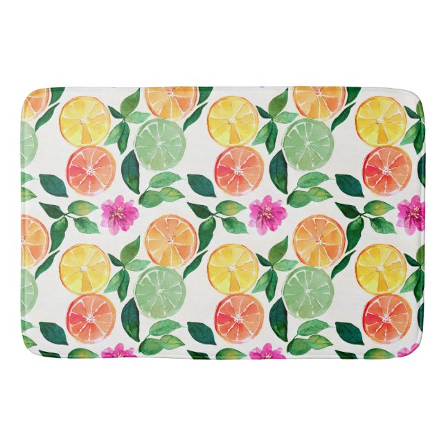 Botanical Watercolor Citrus Floral Bath Mat (Front)