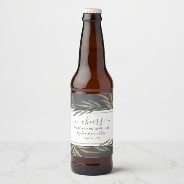 Botanical Watercolor Custom Chalkboard Wedding Beer Bottle Label (Front)