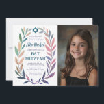 Botanical Watercolor CUSTOM PHOTO Bat Bar Mitzvah Invitation<br><div class="desc">Perfect card to announce a bat mitzvah, bar mitzvah or other Jewish celebration! Hand drawn delicate leaf trame art for you! FULLY CUSTOMIZABLE! Click on “Personalize” above to edit the text, add your photo. Click "edit using design tool" to adjust the fonts, colors and placements. Also you can easily change...</div>
