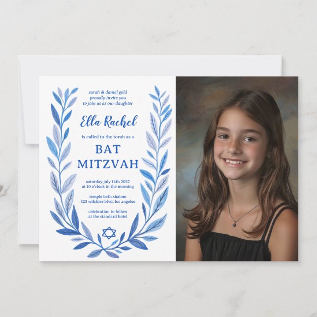 Botanical Watercolor CUSTOM PHOTO Bat Bar Mitzvah Invitation (Front)
