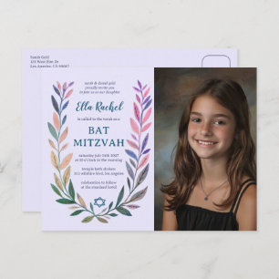 Botanical Watercolor CUSTOM PHOTO Bat Bar Mitzvah Postcard