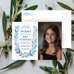 Botanical Watercolor CUSTOM PHOTO Bat Bar Mitzvah Postcard<br><div class="desc">Perfect postcard to announce a bat mitzvah, bar mitzvah or other Jewish celebration! Hand drawn delicate leaf trame art for you! FULLY CUSTOMIZABLE! Click on “Personalise” above to edit the text, add your photo. Click "edit using design tool" to adjust the fonts, colours and placements. Also available as cards and...</div>