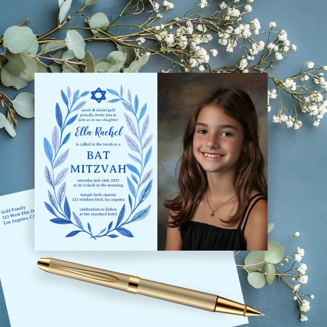 Botanical Watercolor CUSTOM PHOTO Bat Bar Mitzvah Postcard (Botanical Watercolor CUSTOM PHOTO Bat Bar Mitzvah Invitation Postcard
)