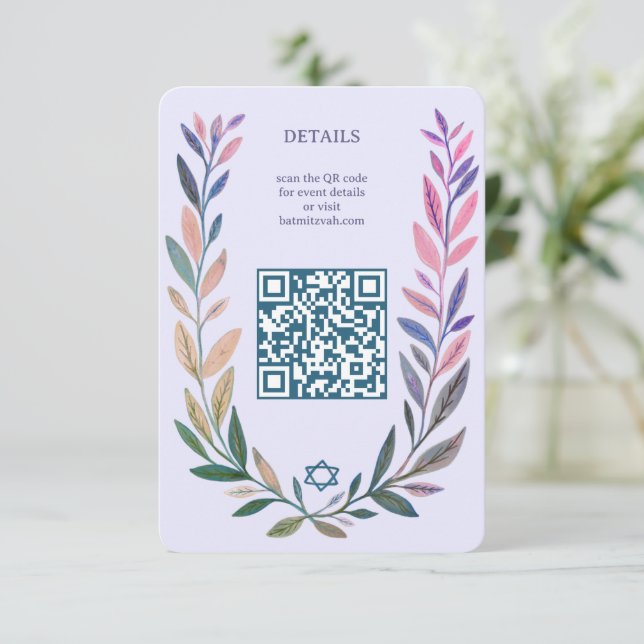 Botanical Watercolor CUSTOM QR Bar Bat Mitzvah Enclosure Card (Standing Front)