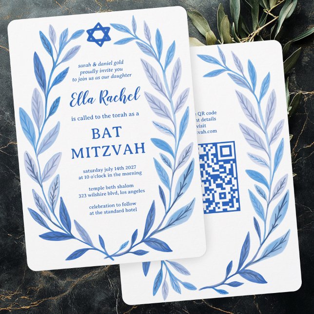 Botanical Watercolor CUSTOM QR Bar Bat Mitzvah Invitation (Botanical Watercolor CUSTOM QR Bar Bat Mitzvah Invitation
)