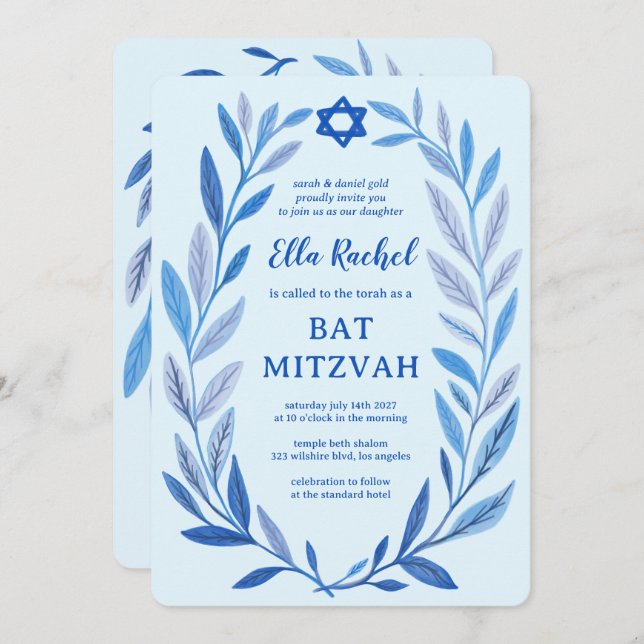 Botanical Watercolor CUSTOM QR Bar Bat Mitzvah Invitation (Front/Back)