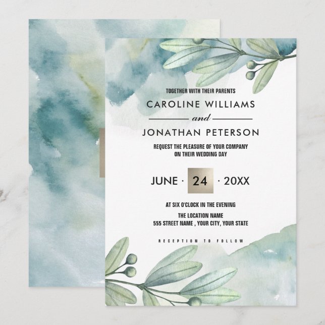Botanical Watercolor Custom Wedding Invitations (Front/Back)
