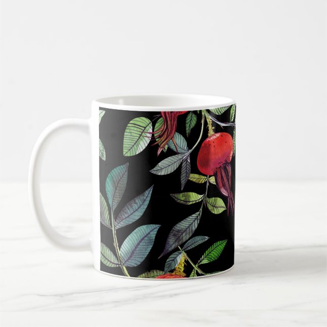 Botanical watercolor drawing dogrose pattern. Brig Coffee Mug (Left)
