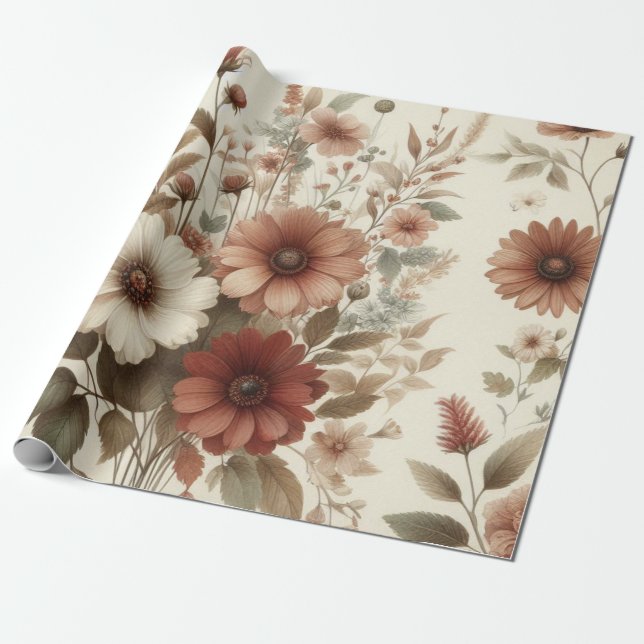 Botanical Watercolor Elegant Autumn Florals  Wrapping Paper (Unrolled)