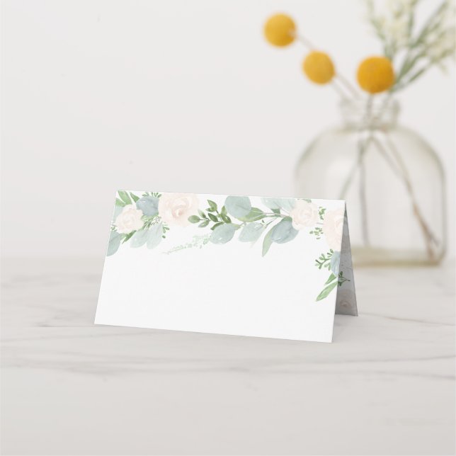 Botanical Watercolor Eucalyptus and White Flowers Place Card (Front)