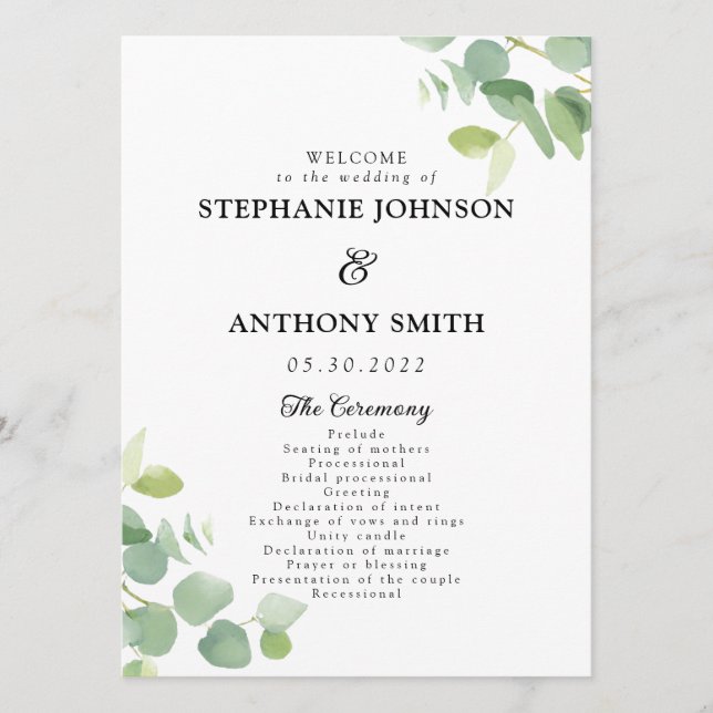 Botanical Watercolor Eucalyptus Leaves Wedding Programme (Front)