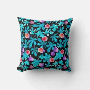 Botanical Watercolor Figs Fruit Leaves Pattern Cushion