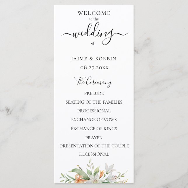 Botanical Watercolor Floral Lily Wedding Programme (Front)
