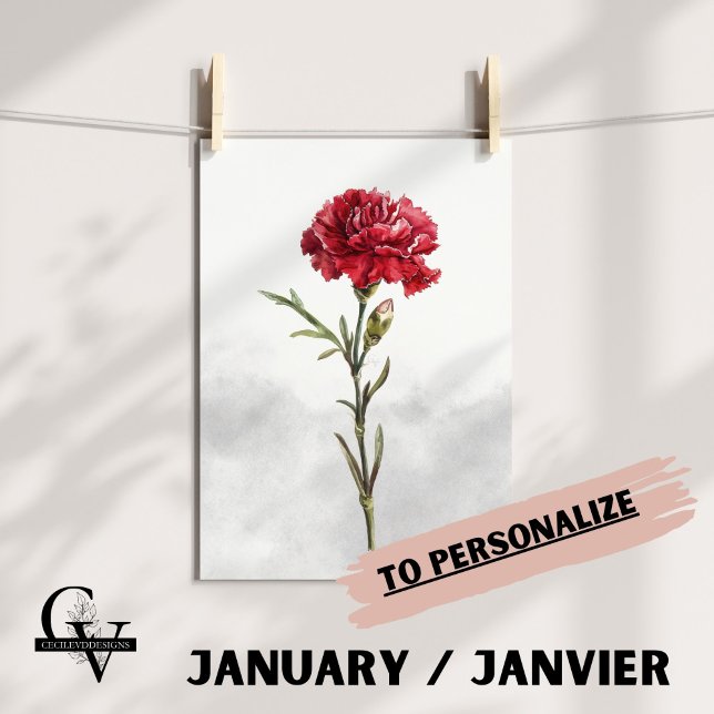Botanical watercolor flower January red carnation Poster (Fleur de Naissance du mois de Janvier : L'Oeillet)