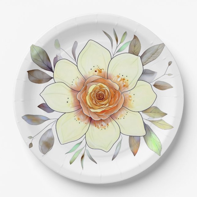 Botanical Watercolor Flower Painting With Foliage Paper Plate (Front)
