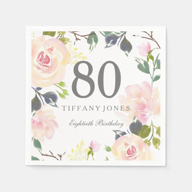 Botanical Watercolor Flowers 80th Birthday Party Napkin (Front)