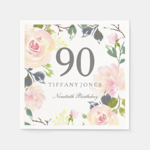 Botanical Watercolor Flowers 90th Birthday Party Napkin