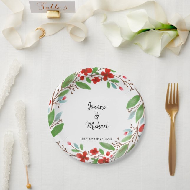 Botanical watercolor flowers bride groom wedding paper plate (Wedding)