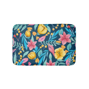 Botanical watercolor: flowers, leaves ornament. bath mat