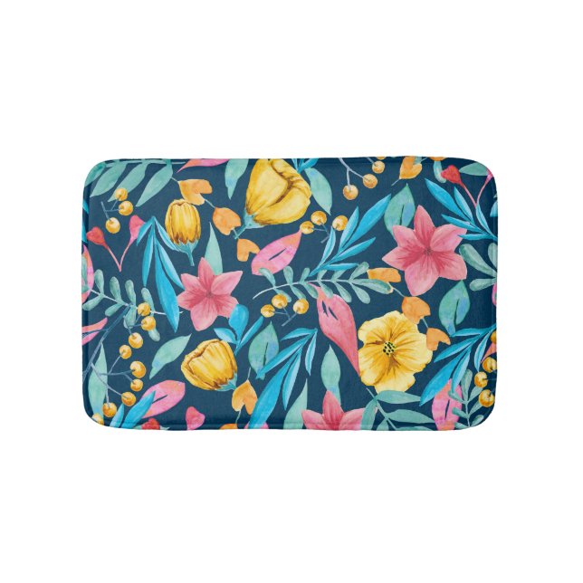 Botanical watercolor: flowers, leaves ornament. bath mat (Front)