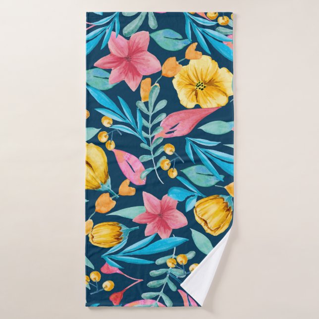 Botanical watercolor: flowers, leaves ornament. bath towel (Bath Towel)