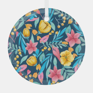 Botanical watercolor: flowers, leaves ornament. glass tree decoration