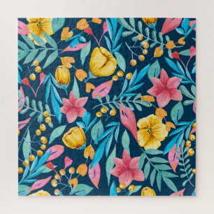 Botanical watercolor: flowers, leaves ornament. jigsaw puzzle