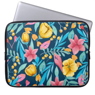 Botanical watercolor: flowers, leaves ornament. laptop sleeve