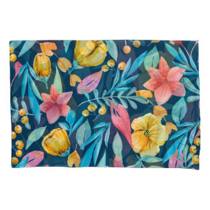 Botanical watercolor: flowers, leaves ornament. pillowcase