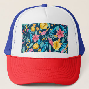 Botanical watercolor: flowers, leaves ornament. trucker hat