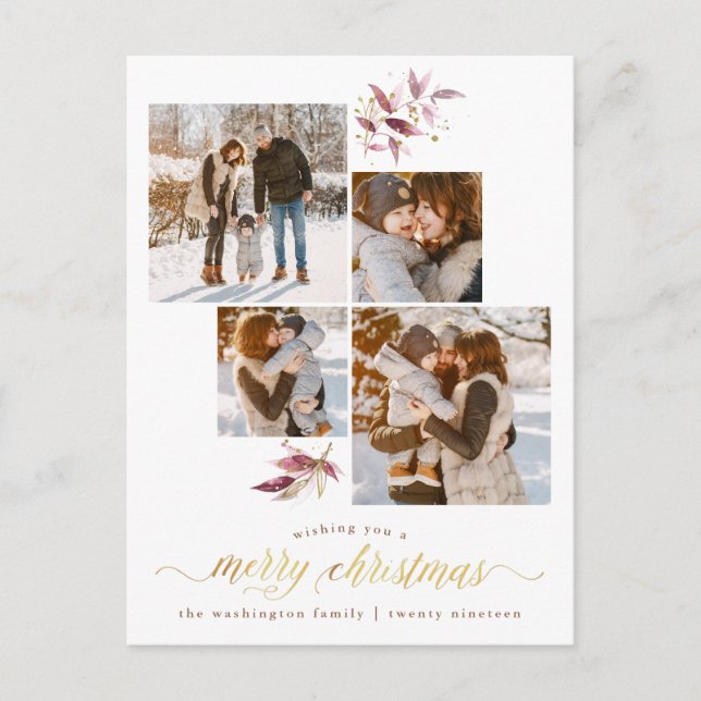 Botanical Watercolor & Gold Merry Christmas Photo Postcard (Front)