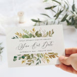 Botanical watercolor green gold fall modern script postcard<br><div class="desc">Plum purple,  pink,  burgundy   gold wedding save the date postcard. Beautiful watercolor floral,  foliage and fruit design.</div>
