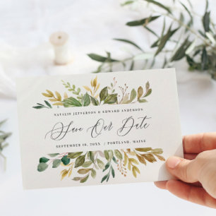 Botanical watercolor green gold fall modern script postcard