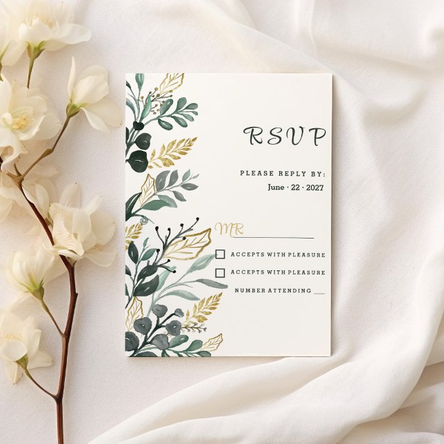 Botanical watercolor green gold greenery  RSVP Invitation (Botanical watercolor green gold greenery RSVP)