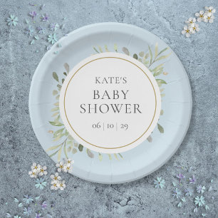 Botanical Watercolor Greenery Blue Baby Boy Shower Paper Plate