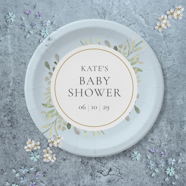 Botanical Watercolor Greenery Blue Baby Boy Shower Paper Plate (Botanical Watercolor Greenery Blue Baby Boy Shower Paper Plates)