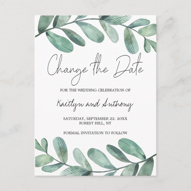 Botanical Watercolor Greenery Eucalyptus Announcem Announcement Postcard (Front)